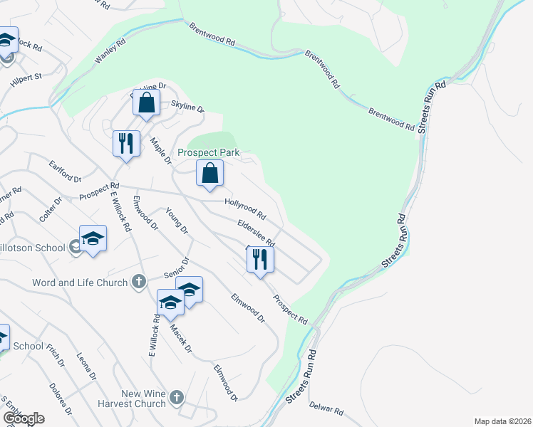 map of restaurants, bars, coffee shops, grocery stores, and more near 1647 Hollyrood Road in Pittsburgh