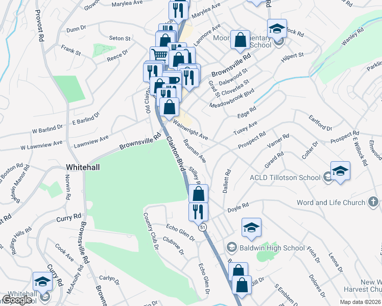 map of restaurants, bars, coffee shops, grocery stores, and more near in Pittsburgh