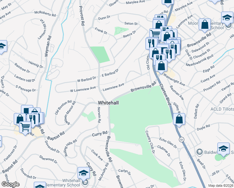 map of restaurants, bars, coffee shops, grocery stores, and more near 4430 Brownsville Road in Pittsburgh