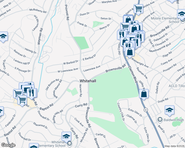 map of restaurants, bars, coffee shops, grocery stores, and more near 4454 Brownsville Road in Pittsburgh
