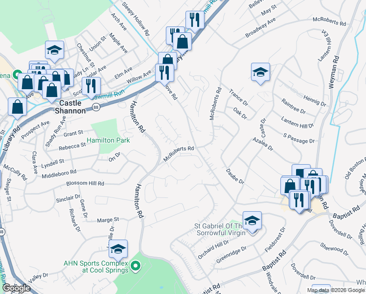 map of restaurants, bars, coffee shops, grocery stores, and more near 294 Castle Road in Pittsburgh