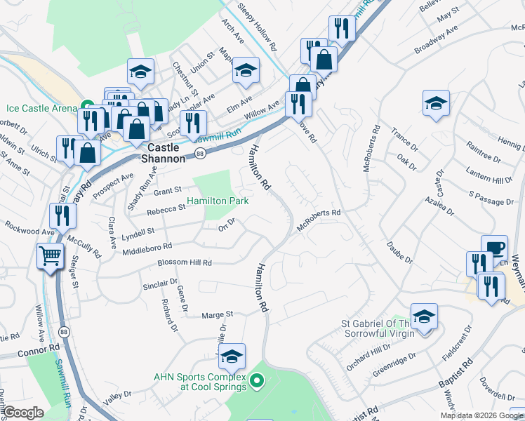 map of restaurants, bars, coffee shops, grocery stores, and more near 3410 Lockridge Road in Pittsburgh