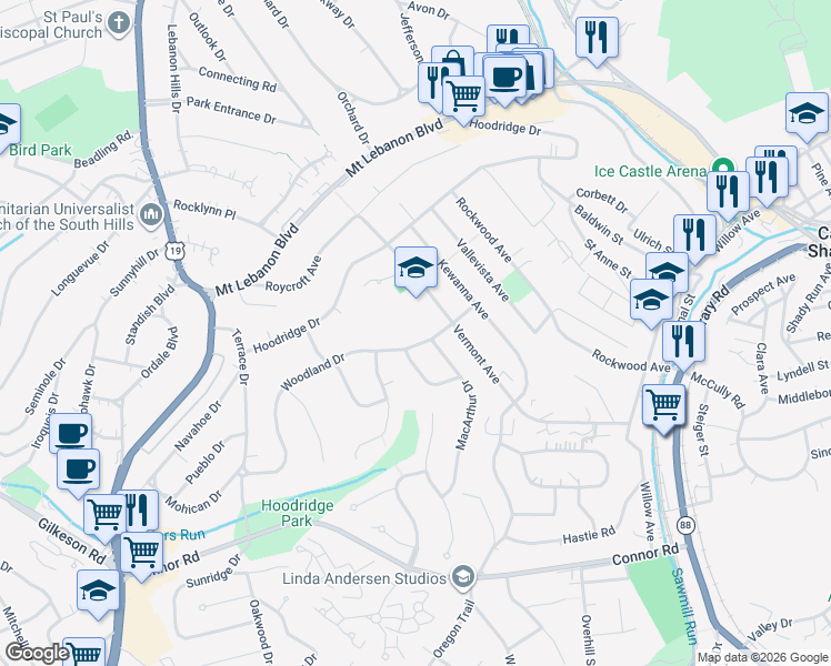 map of restaurants, bars, coffee shops, grocery stores, and more near 123 Woodland Drive in Mount Lebanon