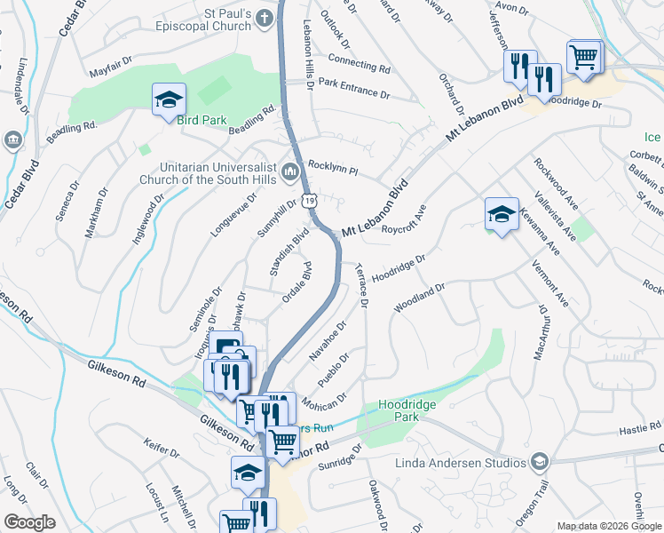 map of restaurants, bars, coffee shops, grocery stores, and more near 65 Ordale Boulevard in Pittsburgh