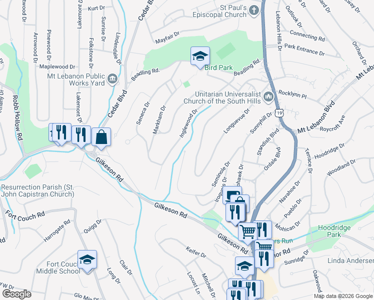 map of restaurants, bars, coffee shops, grocery stores, and more near 18 Forest Glen Drive in Pittsburgh