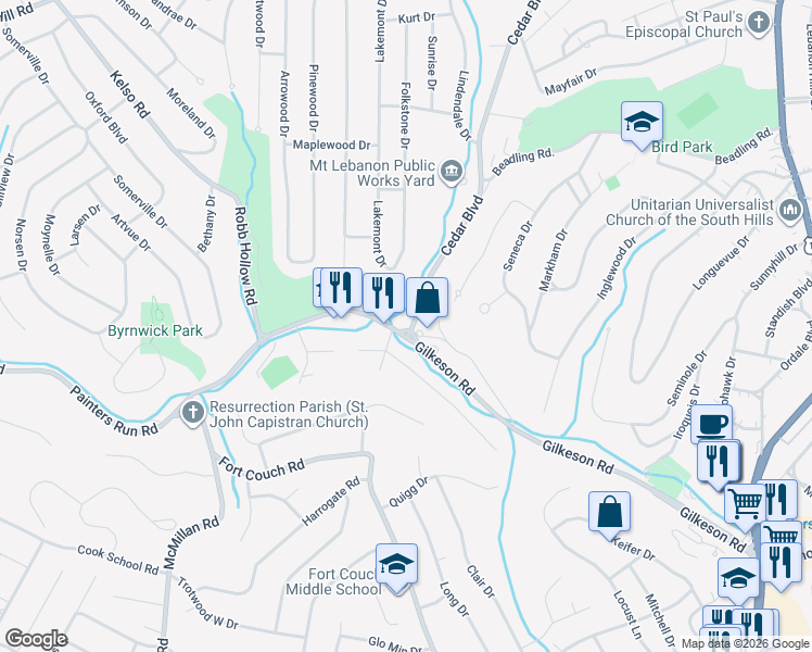 map of restaurants, bars, coffee shops, grocery stores, and more near 1340 Cedar Boulevard in Pittsburgh