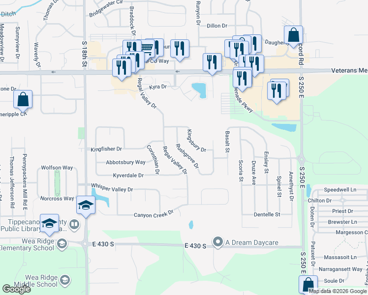 map of restaurants, bars, coffee shops, grocery stores, and more near 3910 Rushgrove Dr in Lafayette