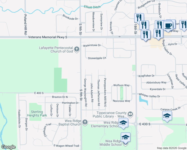 map of restaurants, bars, coffee shops, grocery stores, and more near 3803 John Adams Road in Lafayette