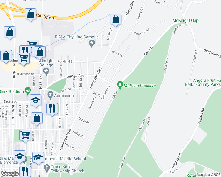 map of restaurants, bars, coffee shops, grocery stores, and more near 1845 Lorraine Road in Reading