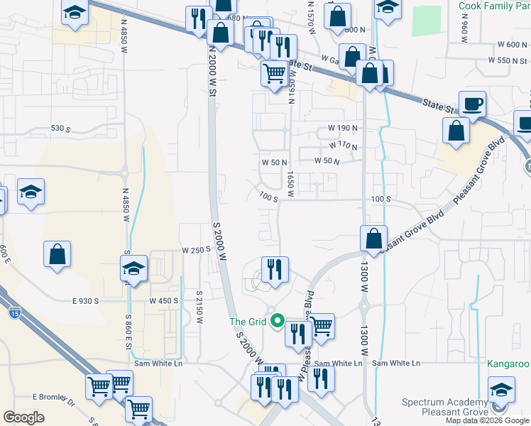 map of restaurants, bars, coffee shops, grocery stores, and more near 1748 West 120 South in Pleasant Grove
