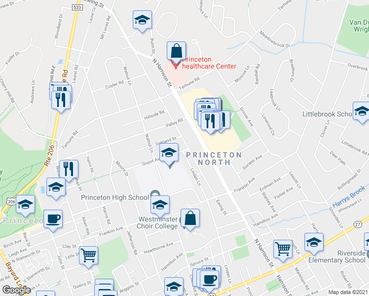 map of restaurants, bars, coffee shops, grocery stores, and more near 340 Ewing Street in Princeton