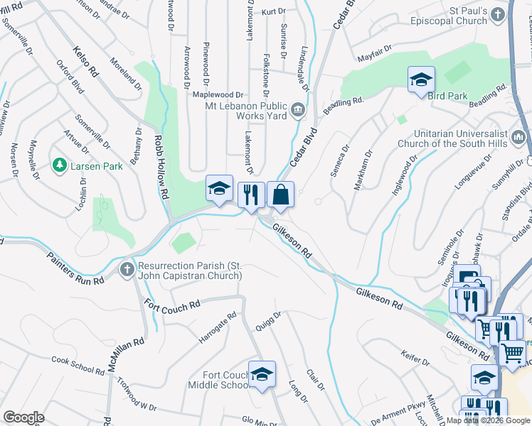 map of restaurants, bars, coffee shops, grocery stores, and more near 1340 Cedar Boulevard in Pittsburgh