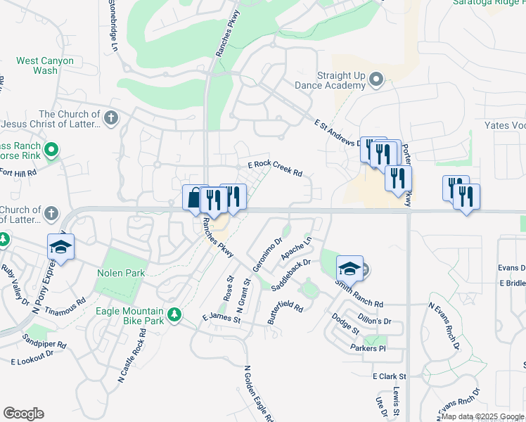 map of restaurants, bars, coffee shops, grocery stores, and more near 3604 East Pony Express Parkway in Eagle Mountain