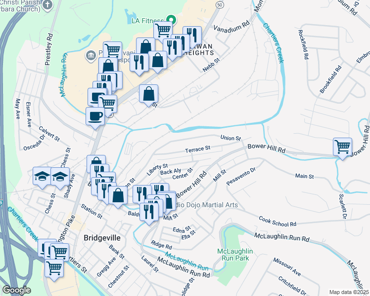 map of restaurants, bars, coffee shops, grocery stores, and more near 1269 Terrace St in Bridgeville