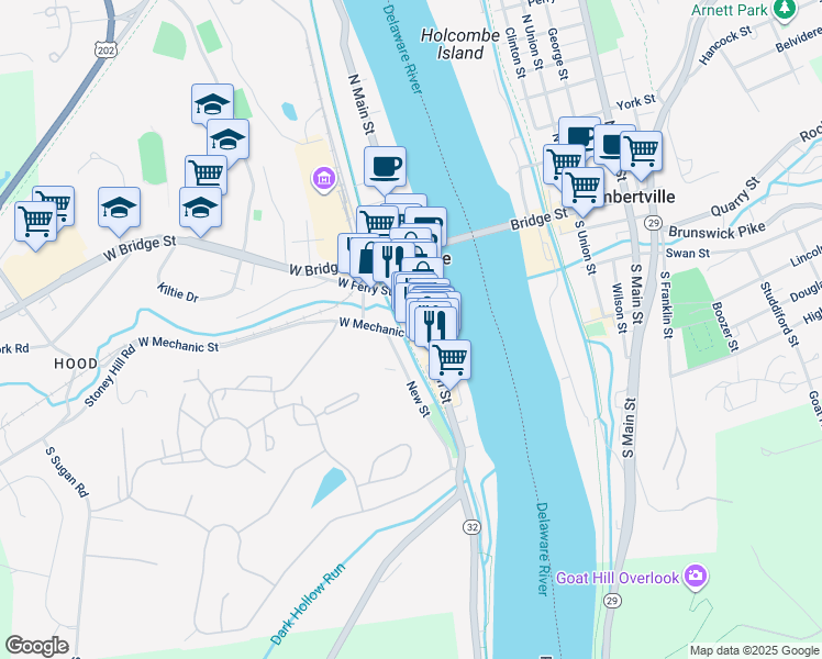 map of restaurants, bars, coffee shops, grocery stores, and more near 18 West Mechanic Street in New Hope