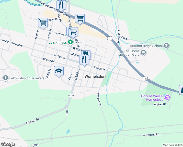 map of restaurants, bars, coffee shops, grocery stores, and more near 25 South Front Street in Womelsdorf