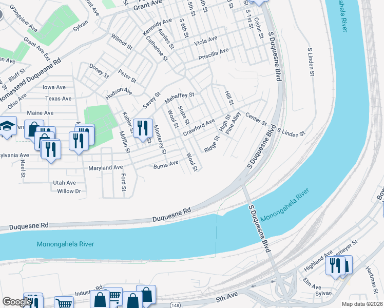 map of restaurants, bars, coffee shops, grocery stores, and more near 1101 Wool Street in Duquesne