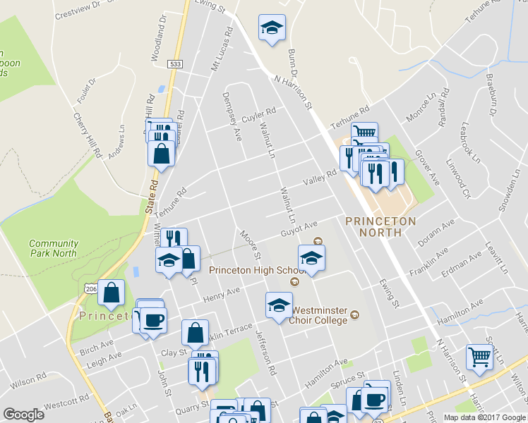 map of restaurants, bars, coffee shops, grocery stores, and more near 152 Hickory Court in Princeton