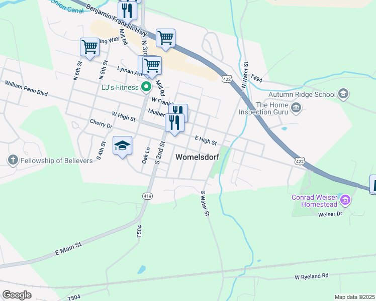 map of restaurants, bars, coffee shops, grocery stores, and more near 25 South Front Street in Womelsdorf