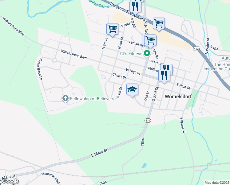 map of restaurants, bars, coffee shops, grocery stores, and more near 215 Adams Drive in Womelsdorf