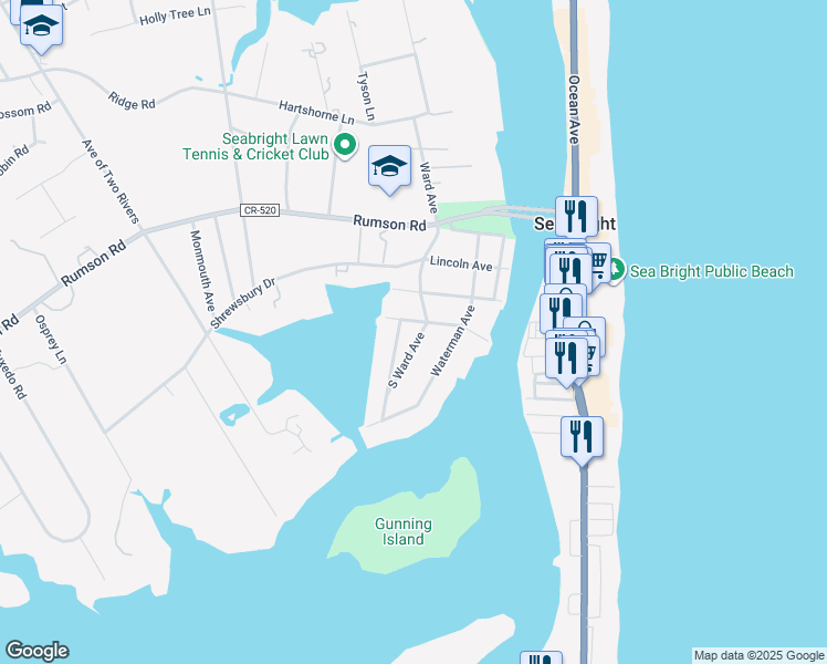 map of restaurants, bars, coffee shops, grocery stores, and more near 77 South Ward Avenue in Rumson