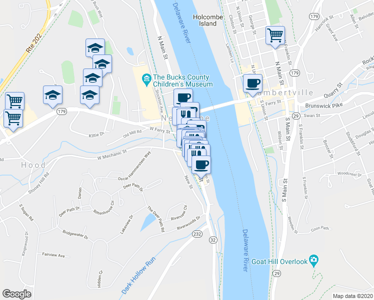 map of restaurants, bars, coffee shops, grocery stores, and more near 12 West Mechanic Street in New Hope