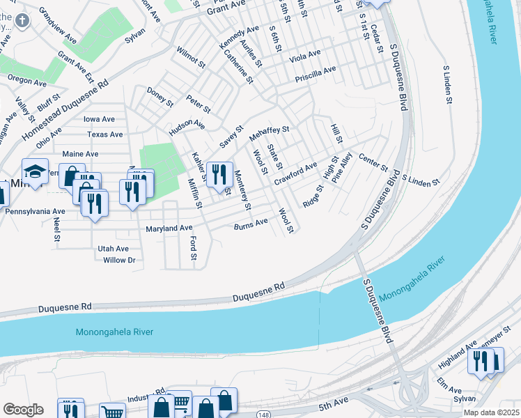 map of restaurants, bars, coffee shops, grocery stores, and more near 923 Maryland Avenue in Duquesne
