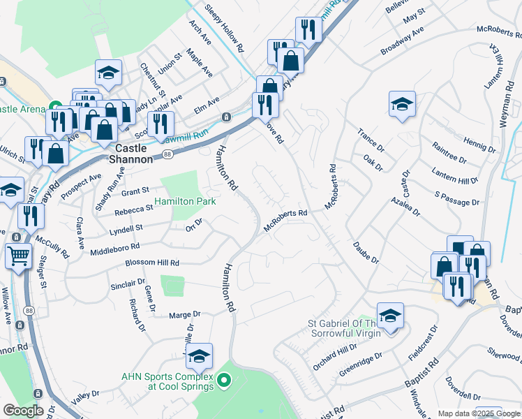 map of restaurants, bars, coffee shops, grocery stores, and more near 1359 Hamilton Road in Pittsburgh