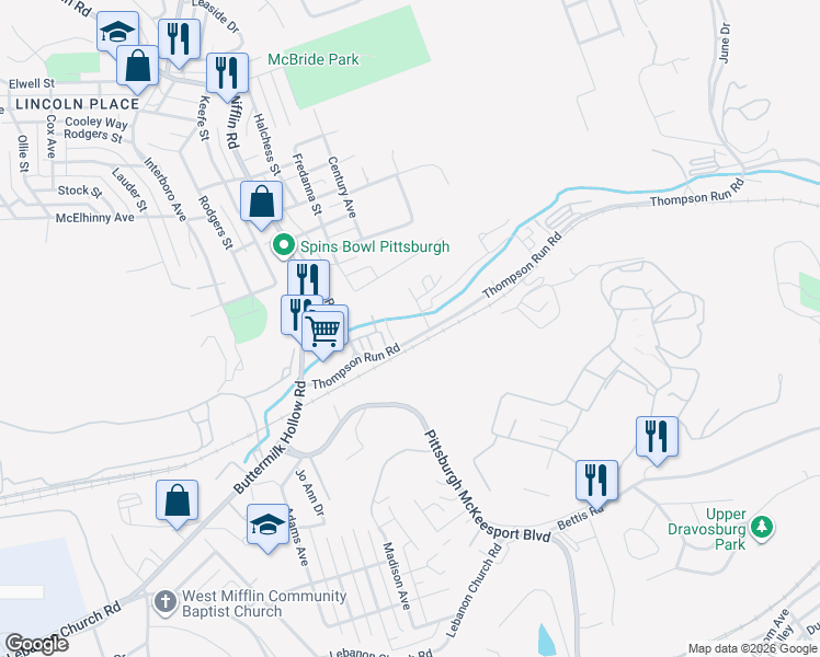 map of restaurants, bars, coffee shops, grocery stores, and more near 1058 Thompson Run Rd in West Mifflin