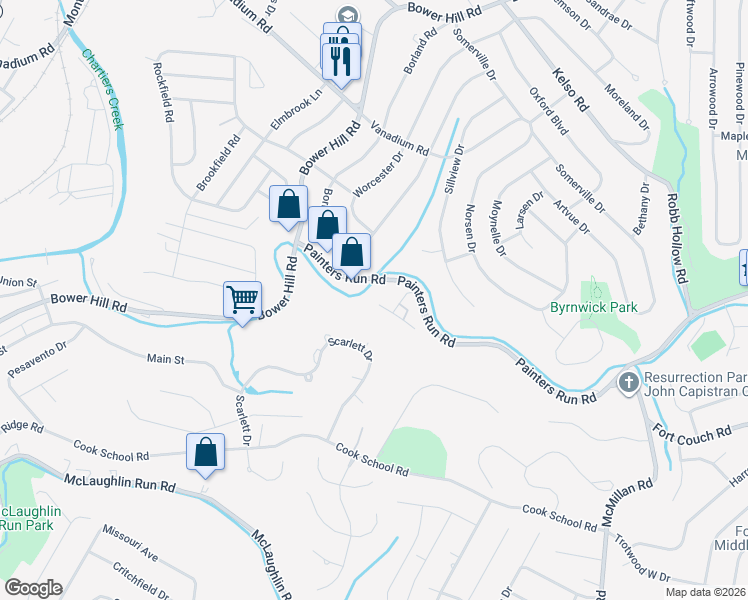 map of restaurants, bars, coffee shops, grocery stores, and more near 1853 Essen Hill Road in Pittsburgh