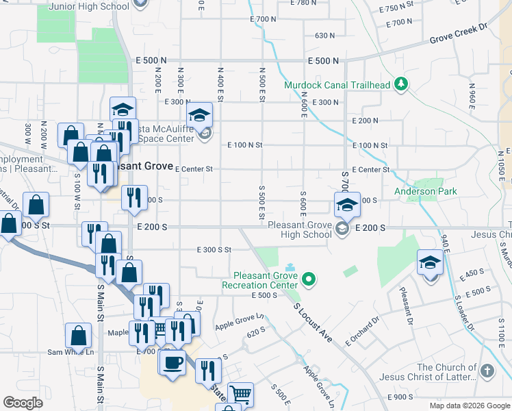 map of restaurants, bars, coffee shops, grocery stores, and more near 137 South 500 East in Pleasant Grove