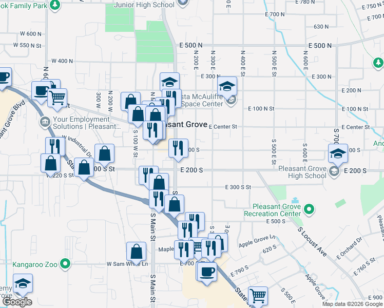 map of restaurants, bars, coffee shops, grocery stores, and more near 150 East 100 North Street in Pleasant Grove