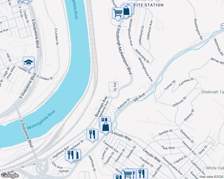 map of restaurants, bars, coffee shops, grocery stores, and more near 116 Dry Street in McKeesport