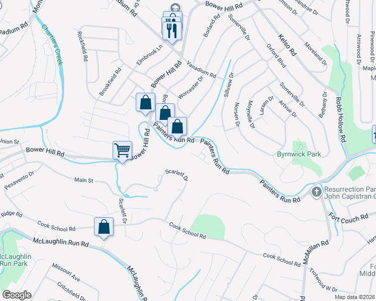 map of restaurants, bars, coffee shops, grocery stores, and more near 1853 Essen Hill Road in Pittsburgh