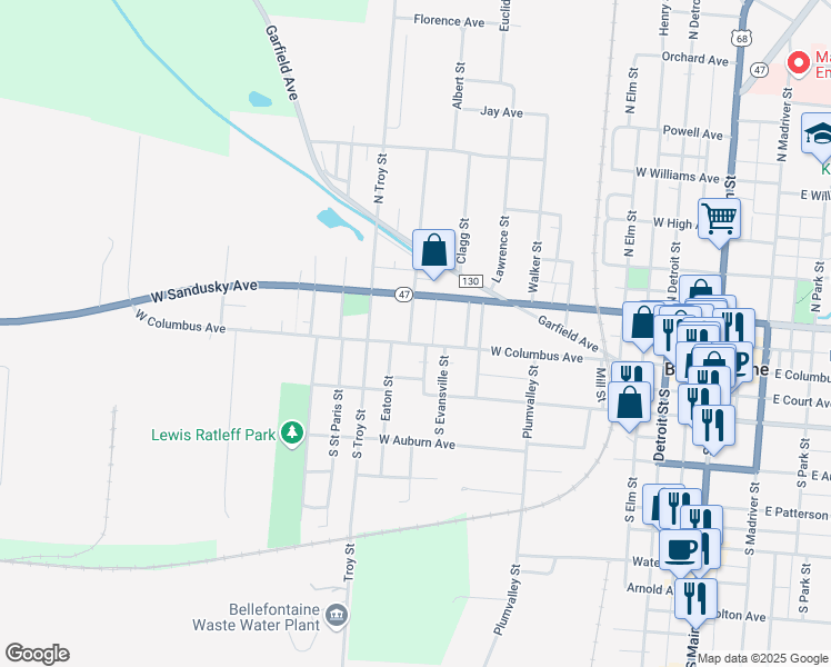 map of restaurants, bars, coffee shops, grocery stores, and more near 800-812 W Columbus Ave in Bellefontaine