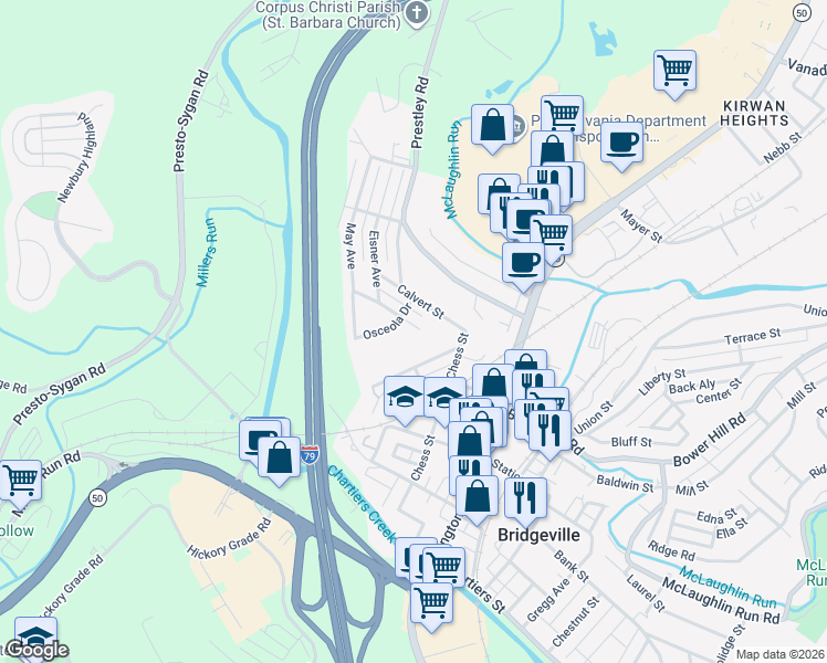 map of restaurants, bars, coffee shops, grocery stores, and more near 274 Crestvue Dr in Bridgeville