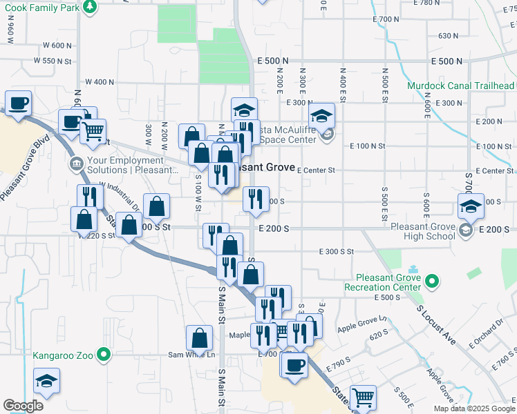 map of restaurants, bars, coffee shops, grocery stores, and more near 107 South 100 East in Pleasant Grove