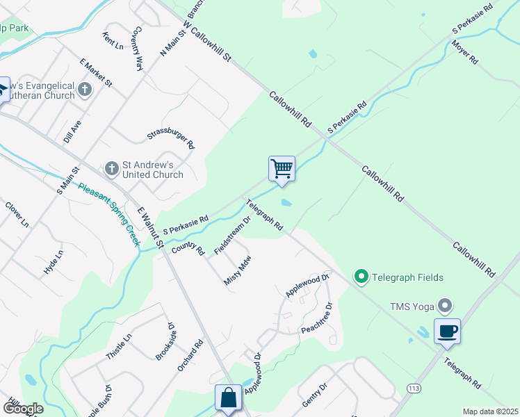 map of restaurants, bars, coffee shops, grocery stores, and more near 1211 Telegraph Road in Perkasie