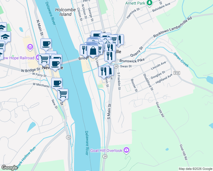 map of restaurants, bars, coffee shops, grocery stores, and more near 66 Wilson Street in Lambertville