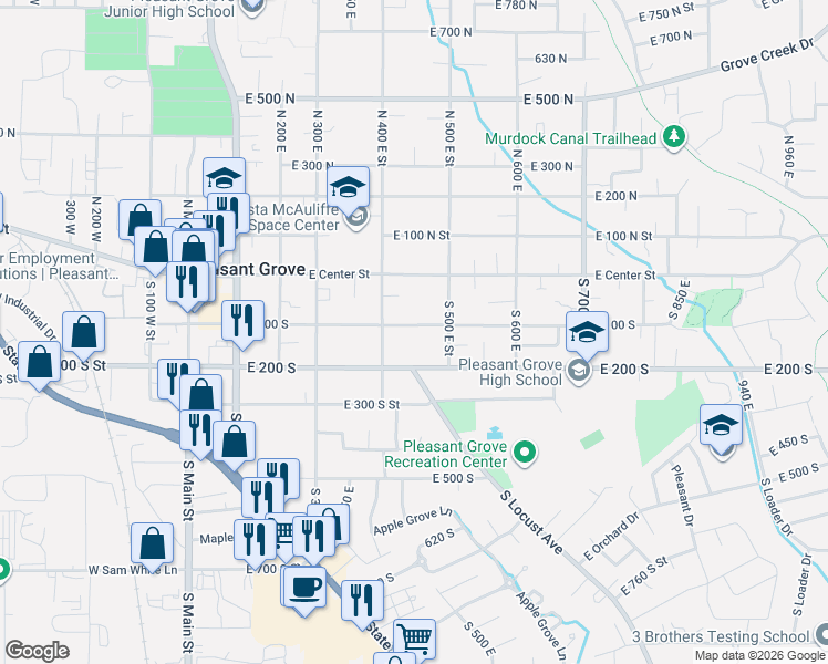 map of restaurants, bars, coffee shops, grocery stores, and more near 456 East 100 South in Pleasant Grove