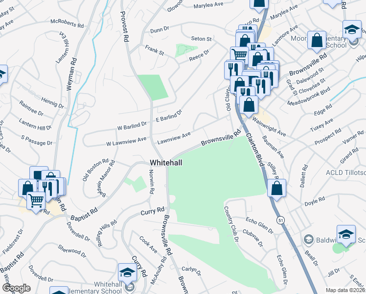 map of restaurants, bars, coffee shops, grocery stores, and more near 4430 Brownsville Road in Pittsburgh