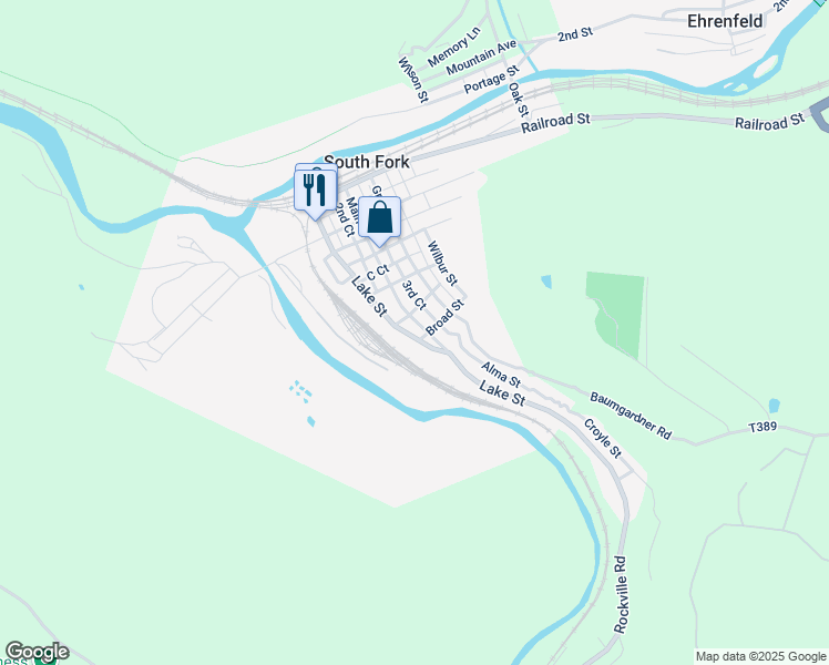 map of restaurants, bars, coffee shops, grocery stores, and more near 612 Main Street in South Fork