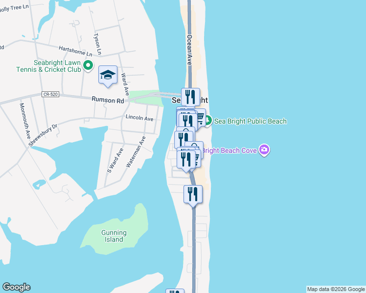 map of restaurants, bars, coffee shops, grocery stores, and more near 4 River Street in Sea Bright