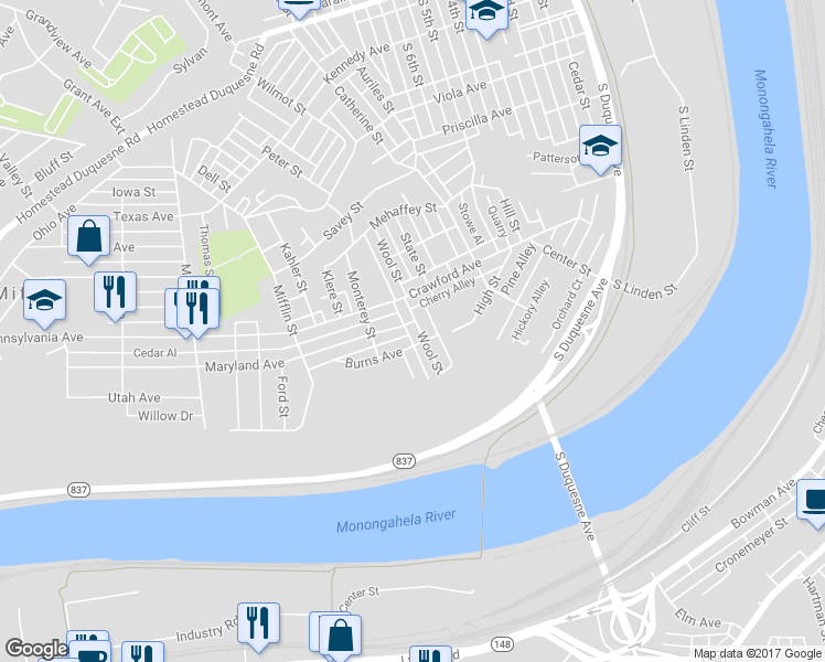 map of restaurants, bars, coffee shops, grocery stores, and more near 923 Maryland Avenue in Duquesne