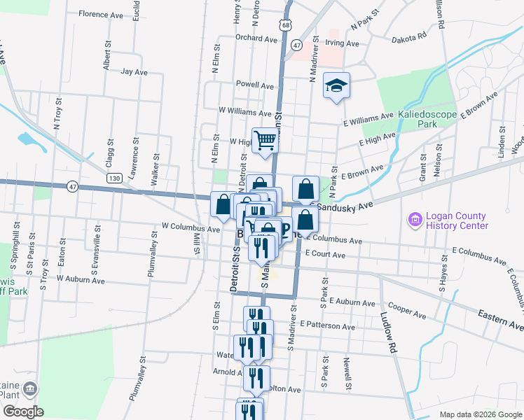 map of restaurants, bars, coffee shops, grocery stores, and more near West Watson Way in Bellefontaine