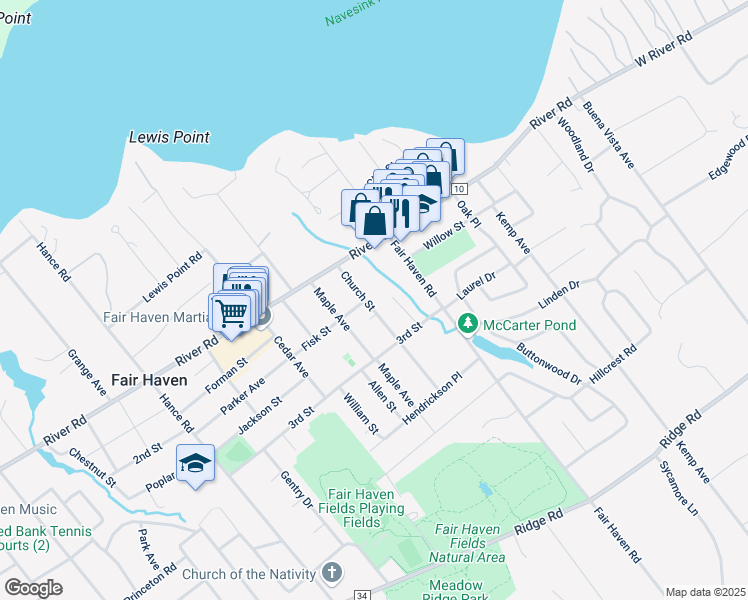 map of restaurants, bars, coffee shops, grocery stores, and more near 45 Church Street in Fair Haven