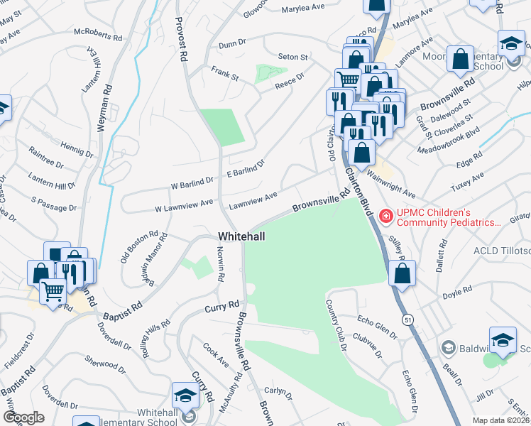 map of restaurants, bars, coffee shops, grocery stores, and more near 4430 Brownsville Road in Pittsburgh
