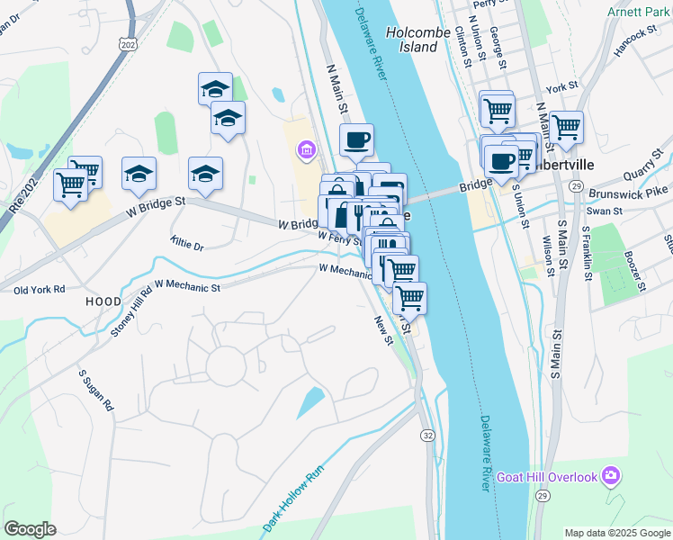 map of restaurants, bars, coffee shops, grocery stores, and more near 55 West Mechanic Street in New Hope