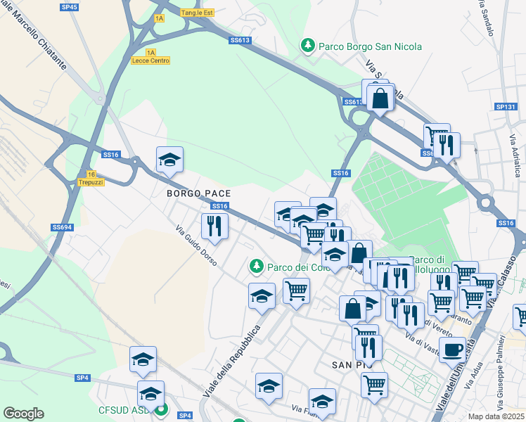 map of restaurants, bars, coffee shops, grocery stores, and more near Via Belloluogo in Lecce