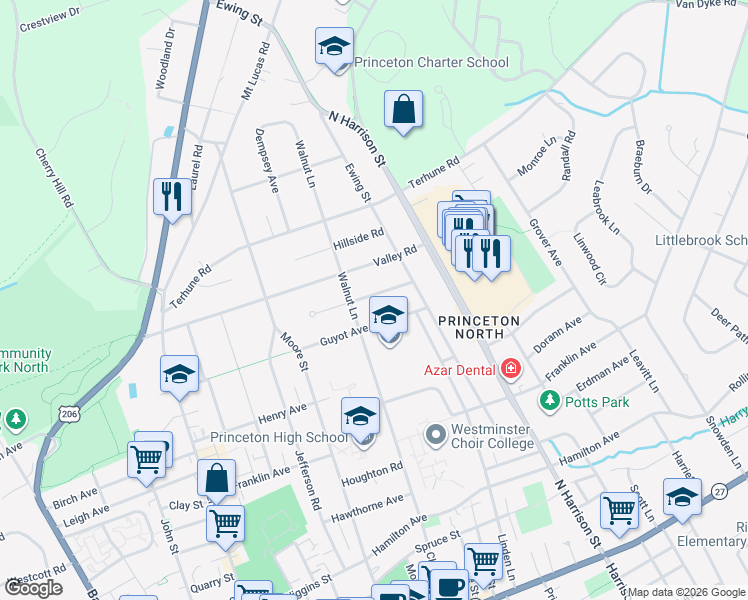 map of restaurants, bars, coffee shops, grocery stores, and more near 206 Guyot Avenue in Princeton